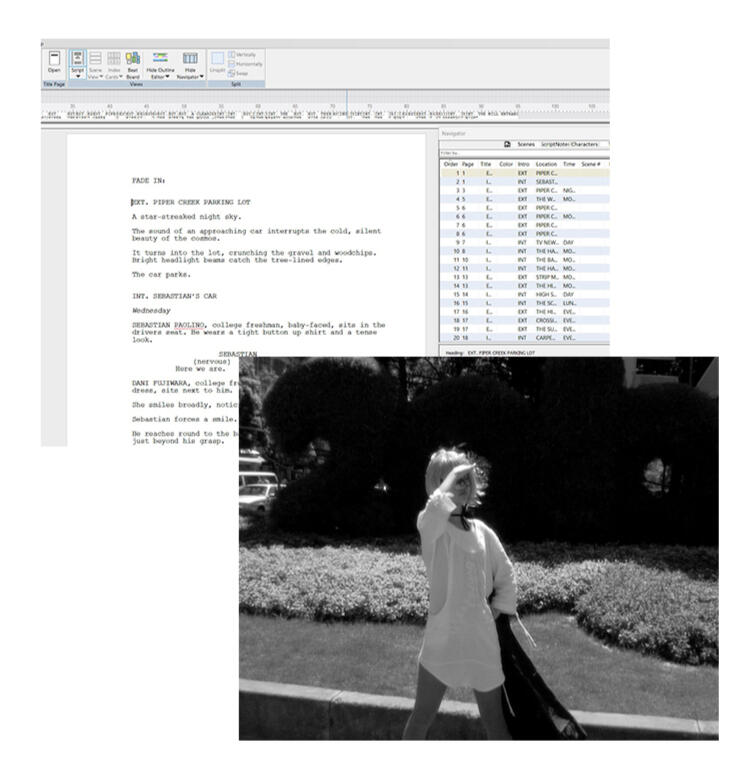 A screenshot of Final Draft and a still from a Little Punk music video where she looks for people to help on the street